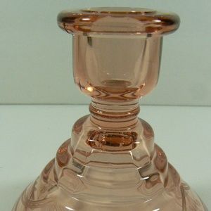 Vintage Depression Glass Pink Candlestick Holders Etched Floral Wreath Design